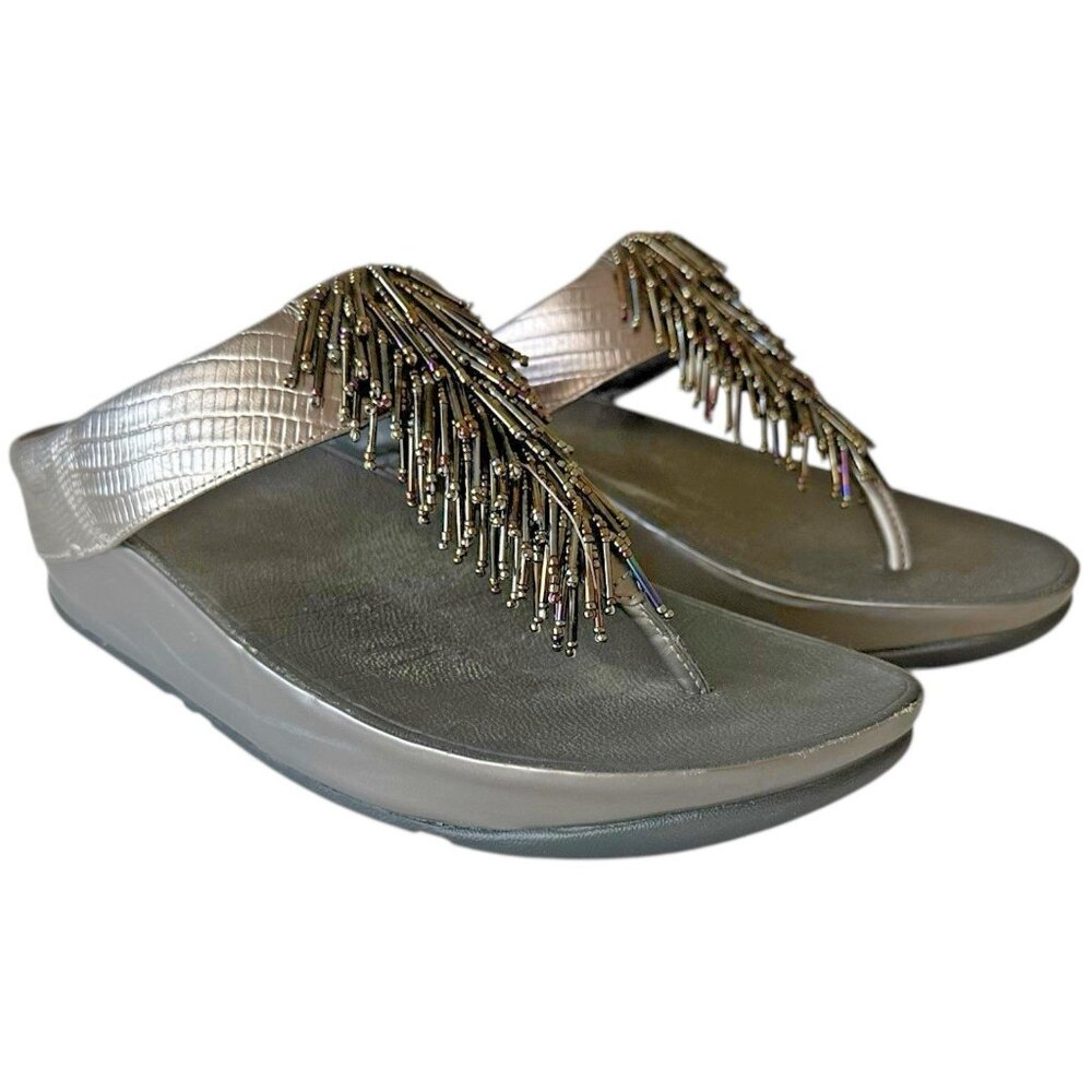 FITFLOP Sandal Womens 7 Cha Cha Slide Wedge Bead Bronze Comfort Flip Flop Boho